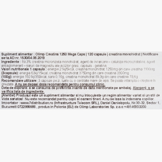 Creatină monohidrată micronizată 1250, 120 capsule