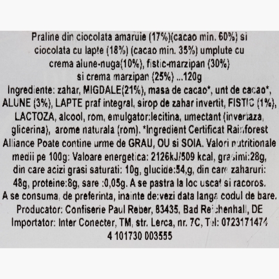 Praline Mozart portret cu ciocolată neagră și fistic 120g