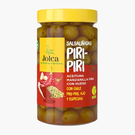 Măsline verzi Manzilla Fina cu sâmburi, cu ardei iute Piri-piri, usturoi și mirodenii 400g