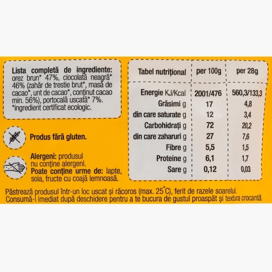 Snack Sănățele eco cu ciocolată neagră și portocală, fără gluten 28g