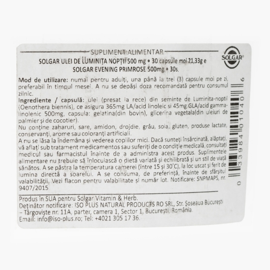 Ulei de Luminița nopții 500mg, 30 capsule moi