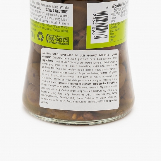 Măsline verzi marinate în ulei floarea-soarelui fără gluten 280g