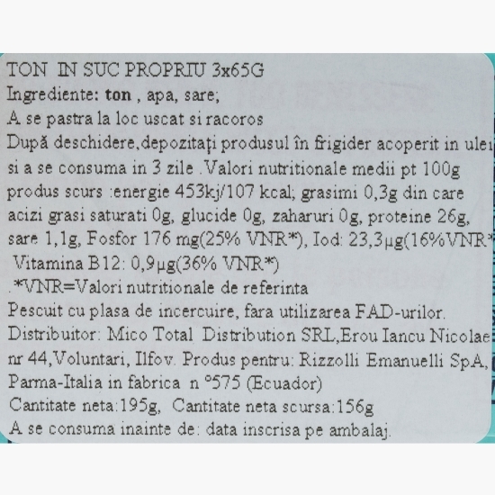 Ton în suc propriu 3x65g