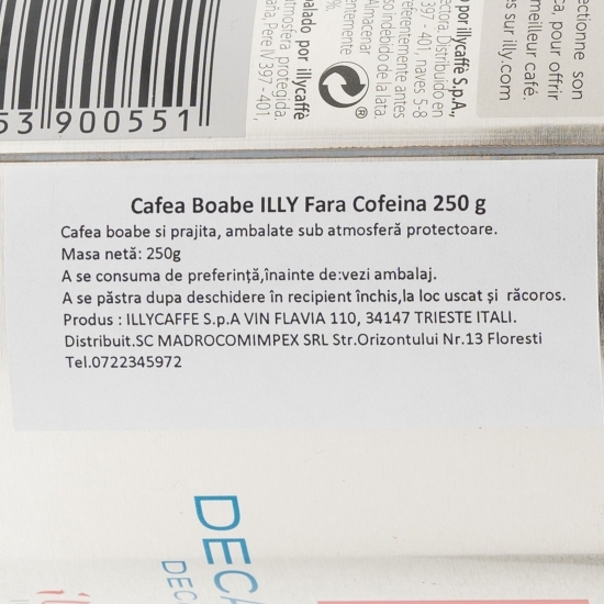 illy Blend 100% Arabica Decaffeinato 250g, cafea boabe