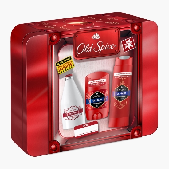 Set Cadou cutie metalică  (deodorant stick Captain 50ml, gel de duș Captain 250ml, loțiune după ras Captain 100ml)
