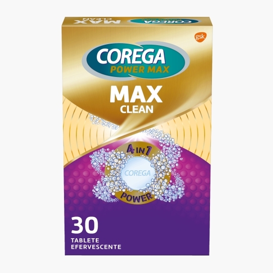 Tablete efervescente pentru curățarea zilnică a protezei dentare, dublă putere, Max Clean, 30 tablete