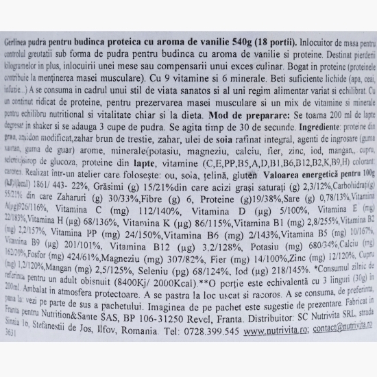 Budincă proteică cu aromă de vanilie, 18 porții, 540g