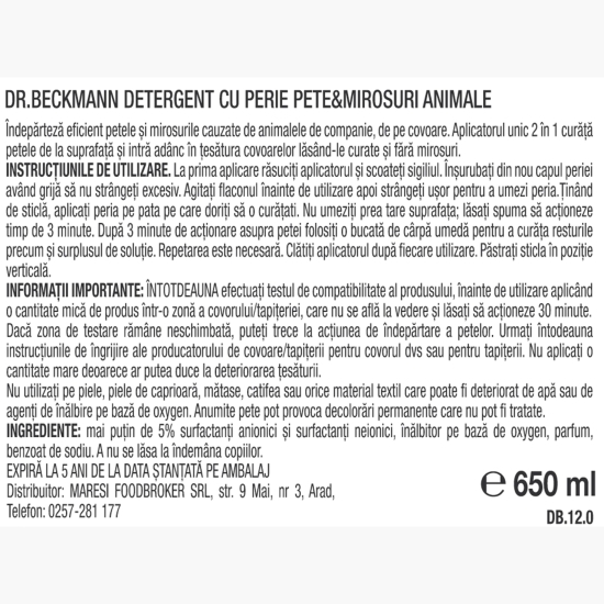 Detergent pentru pete și mirosuri de animale, cu perie 650ml