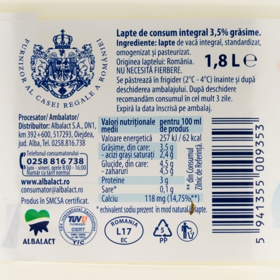 Lapte integral 3.5% grăsime 1.8l
