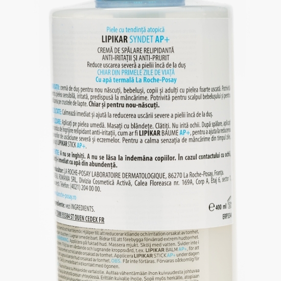 Gel cremă de curățare anti-iritații pentru piele sensibilă Lipikar Syndet AP+, 400ml