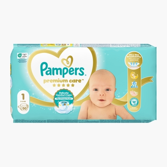 Scutece Premium Care nou-născut, mărimea 1, 2-5kg, 50 buc