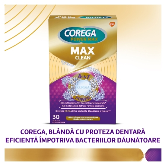 Tablete efervescente pentru curățarea zilnică a protezei dentare, dublă putere, Max Clean, 30 tablete