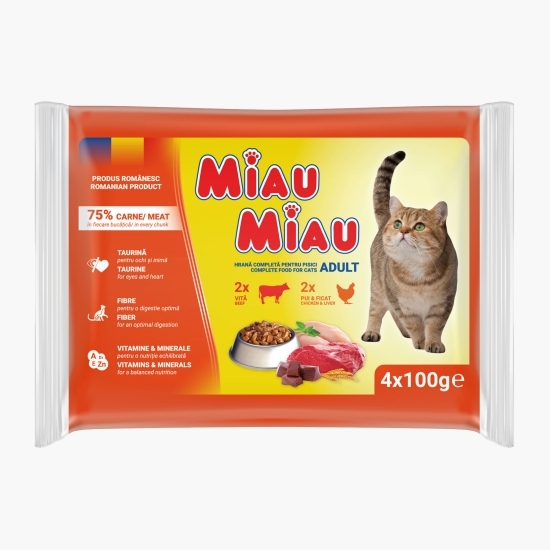 Hrană umedă pentru pisici adulte, cu vită și pui & ficat, pachet mixt, plicuri 4x100g