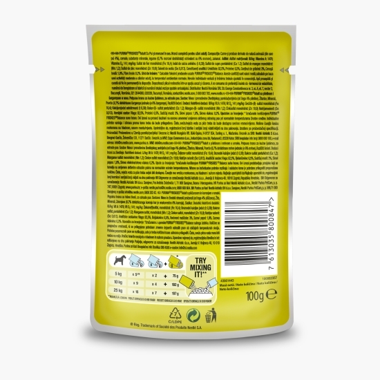 Hrană umedă pentru câini adult, 100g, cu pui și morcovi în sos