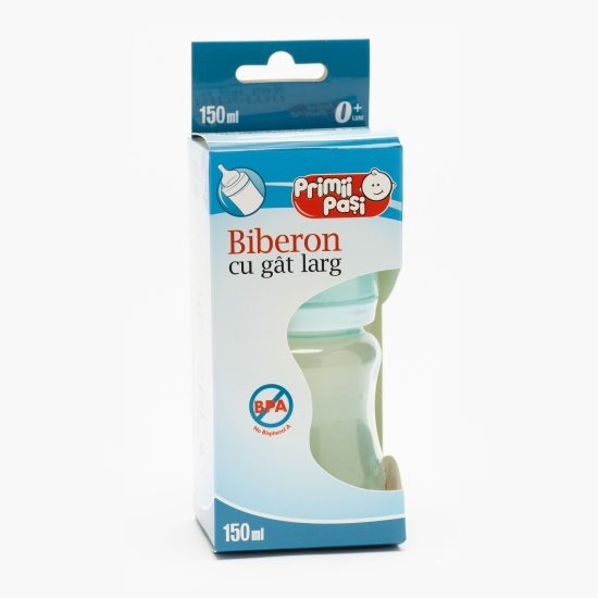 Biberon polipropilenă gât larg bleu, +0 luni, 150ml