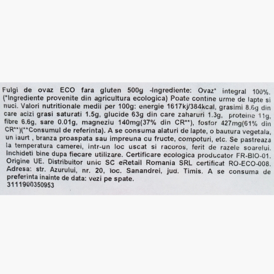 Fulgi de ovăz eco fără gluten 500g