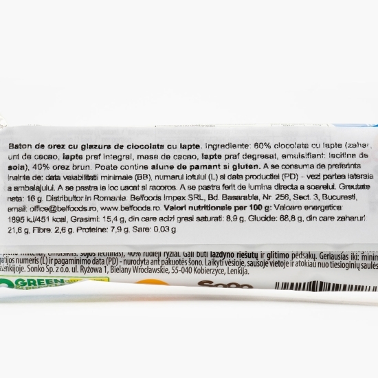 Baton de orez cu glazură de ciocolată cu lapte 16g