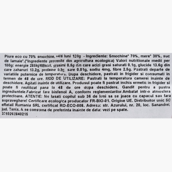 Piure eco cu 70% smochine, +4/6 luni, 120g