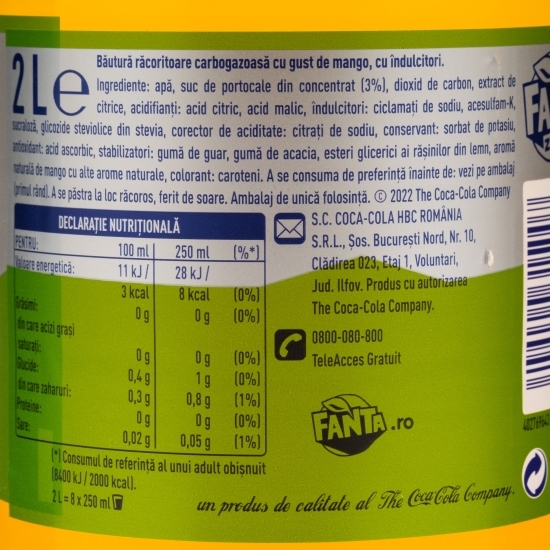 Băutură carbogazoasă mango zero zahăr 2l