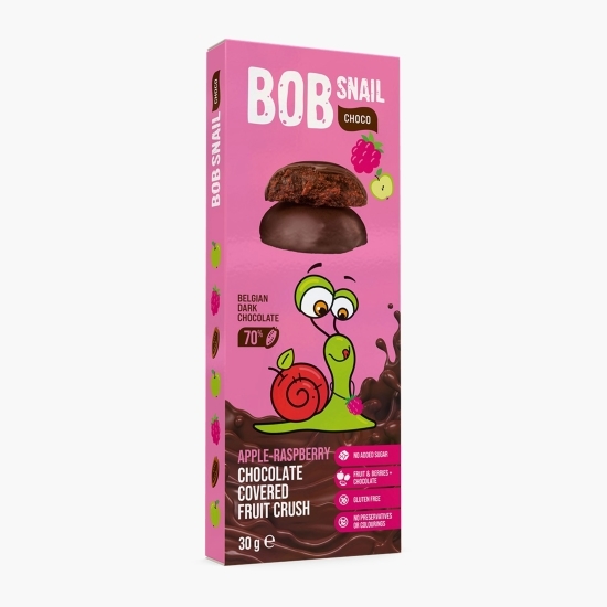 Dulciuri naturale fără zahăr din măr și zmeură trase în ciocolată neagră belgiană 30g