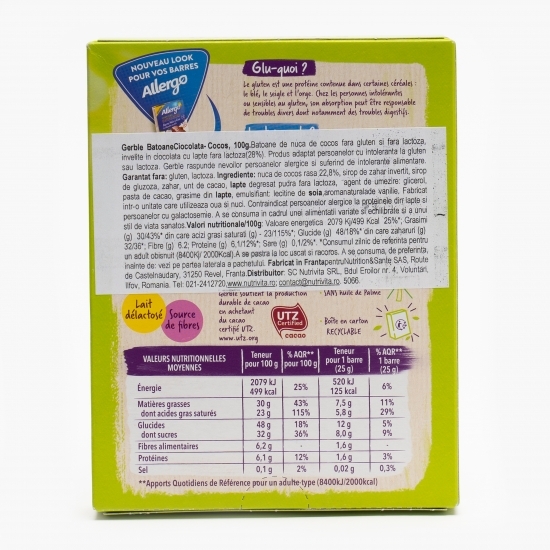 Batoane de ciocolată cu nucă de cocos, fără gluten și lactoză, 100g
