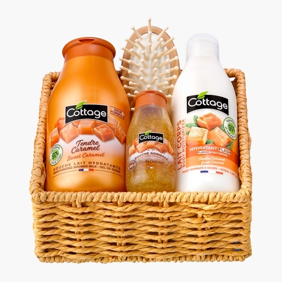 Set cadou Caramel coș: gel de duș 250ml + lapte de corp 200ml + scrub 500ml + perie de păr