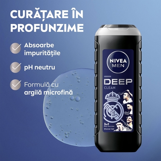 Gel de duș pentru bărbați Deep Clean 3în1, pentru corp, față și păr, ediție limitată Real Madrid 500ml