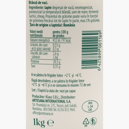 Brânză proaspătă de vacă 1% grăsime 1kg