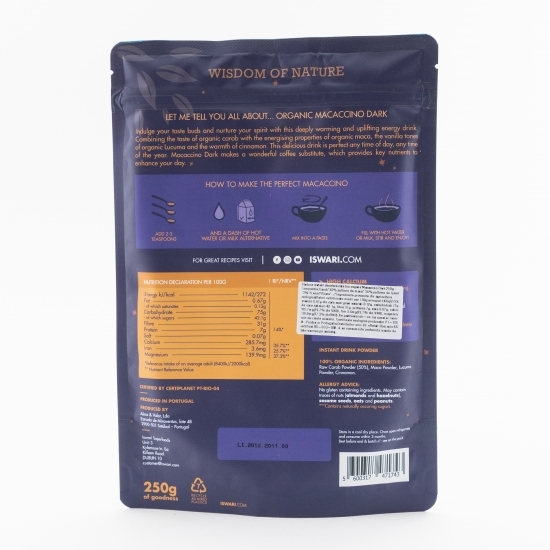 Băutură instant decofeinizată eco vegană Macaccino Dark 250g