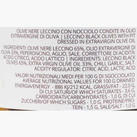 Măsline negre Leccino cu sâmburi, condimentate, în ulei de măsline extravirgin, by Măslinescu 280g