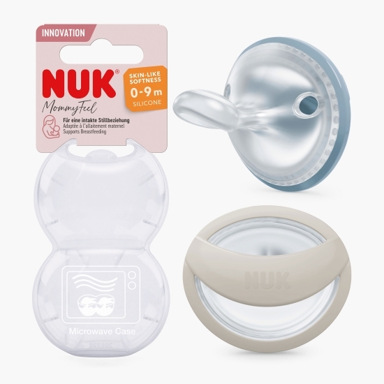 Suzete din silicon Mommy Feel, 0-9 luni, Albastru & Crem, 2 buc