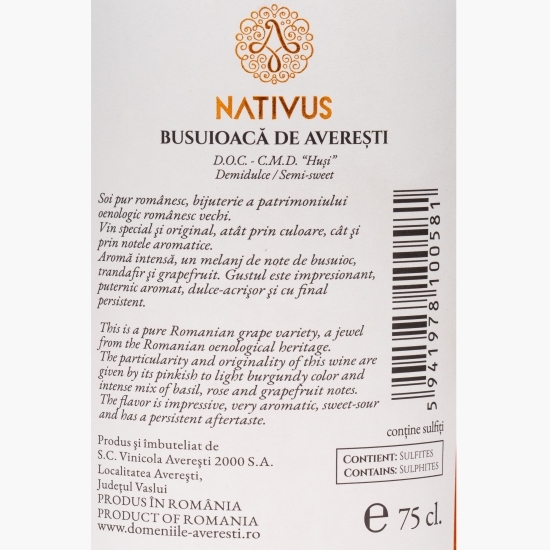 Vin rose demidulce Nativus Busuioacă de Averești, D.O.C. Huși, 12.5%, 0.75l