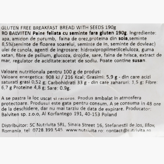 Pâine feliată cu semințe fără gluten 190g