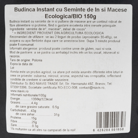 Budincă instant cu semințe de in și măceșe ecologică 150g