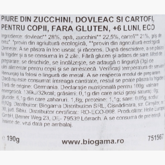 Piure eco din zucchini, dovleac si cartofi pentru copii, fără gluten, +6 luni, 190g