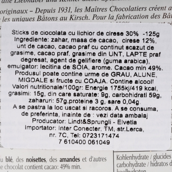 Sticks de ciocolată cu lichior de cireșe 30% 125g