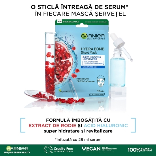 Mască șervețel Hydrabomb cu rodie pentru hidratare intensă 28g