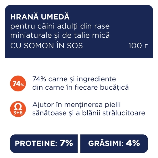 Hrană umedă completă cu somon în sos, pentru câini de rase mini și mici, S, 100g 