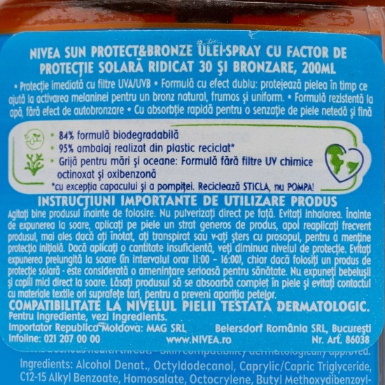Ulei-spray pentru protecție solară și bronzare rapidă SPF 30 Protect & Bronze 200ml