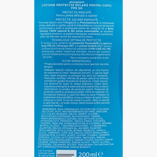 Loțiune cu protecție solară pentru copii SPF 50, 200ml