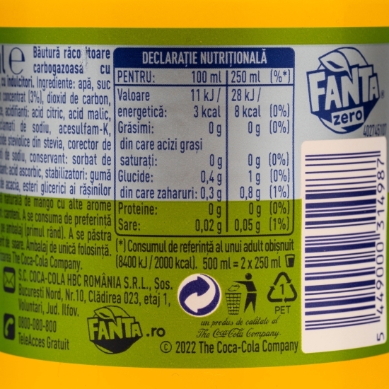 Băutură carbogazoasă mango zero zahăr 0.5l