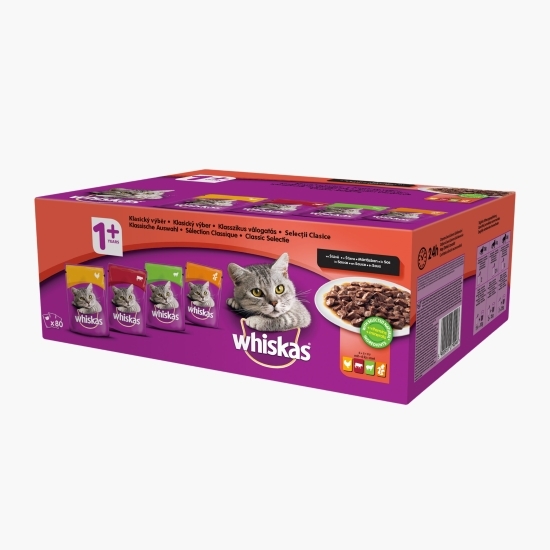 Hrană umedă pentru pisici adulte, 80 x 100g, Selecții clasice în sos cu pui, vită, miel și pasăre