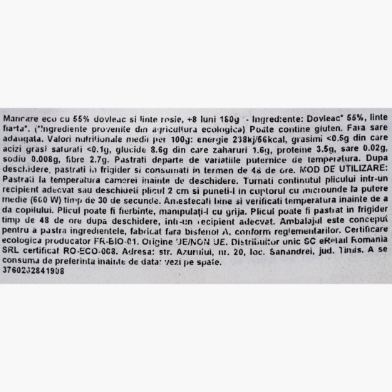 Mâncare eco cu 55% dovleac și linte rosie, +8 luni, 180g