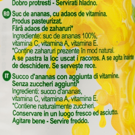 Suc de ananas cu vitamina C, fără zahăr adăugat, doză 0.24l