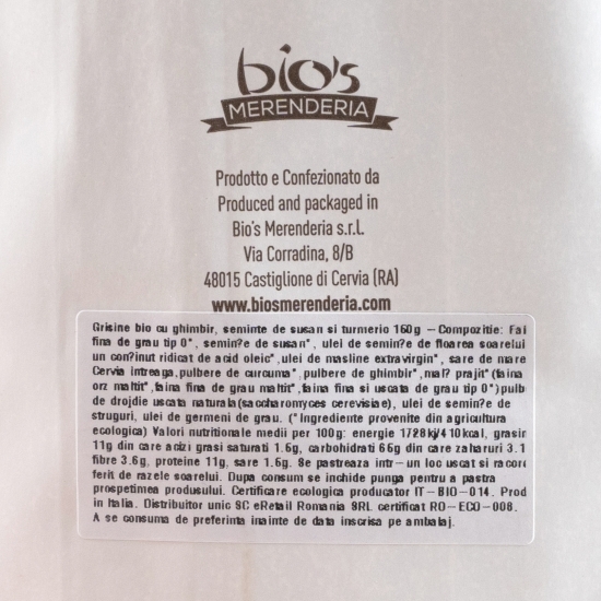 Grisine eco cu ghimbir, semințe de susan și turmeric 150g