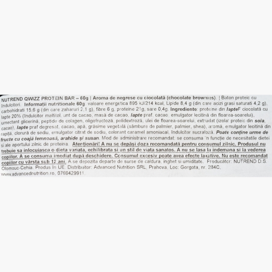 Baton proteic Qwizz, cu aromă de ciocolată și brownie, 60g 
