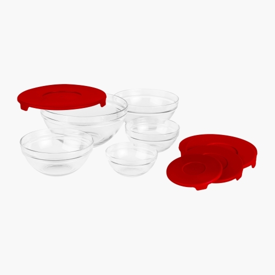 Set 5 boluri de sticlă cu capac, roșu