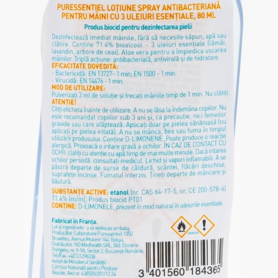 Loțiune spray antibacteriană pentru mâini cu 3 uleiuri esențiale 80ml