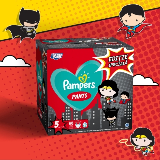 Scutece chiloțel Pants cu supereroii DC, mărimea 5, 12-17kg, 66 buc