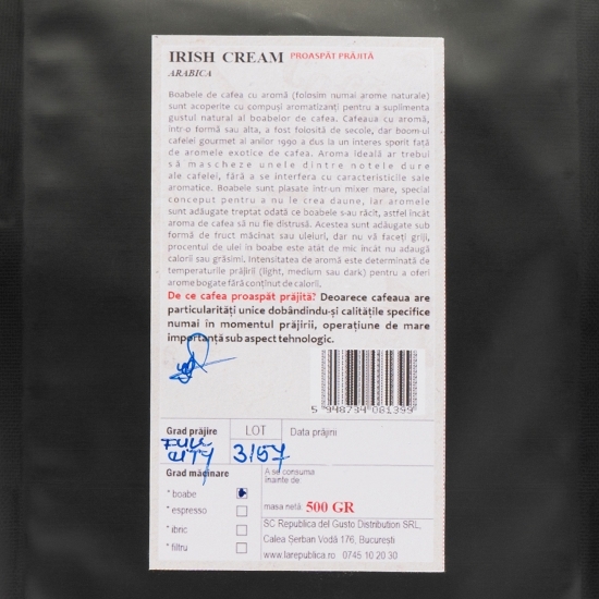 Cafea proaspăt prăjită Arabica Irish Cream 500g